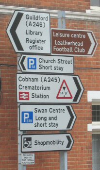 11 Apr 04: Leret Way (Insitute): detail of signs as seen from Epsom Road at tl 